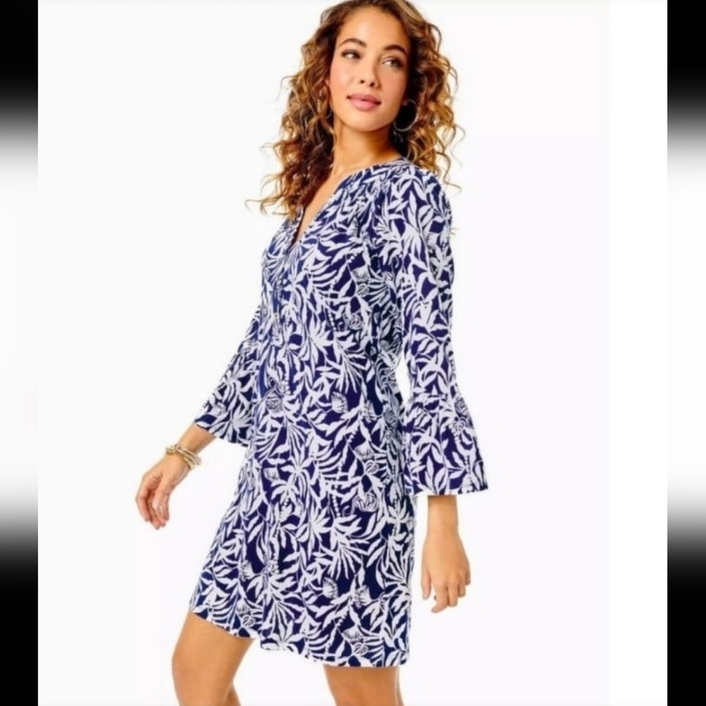 Lilly Pulitzer Flocking to Paradise Norris Dress Navy Blue Bell Sleeves SZ SMALL